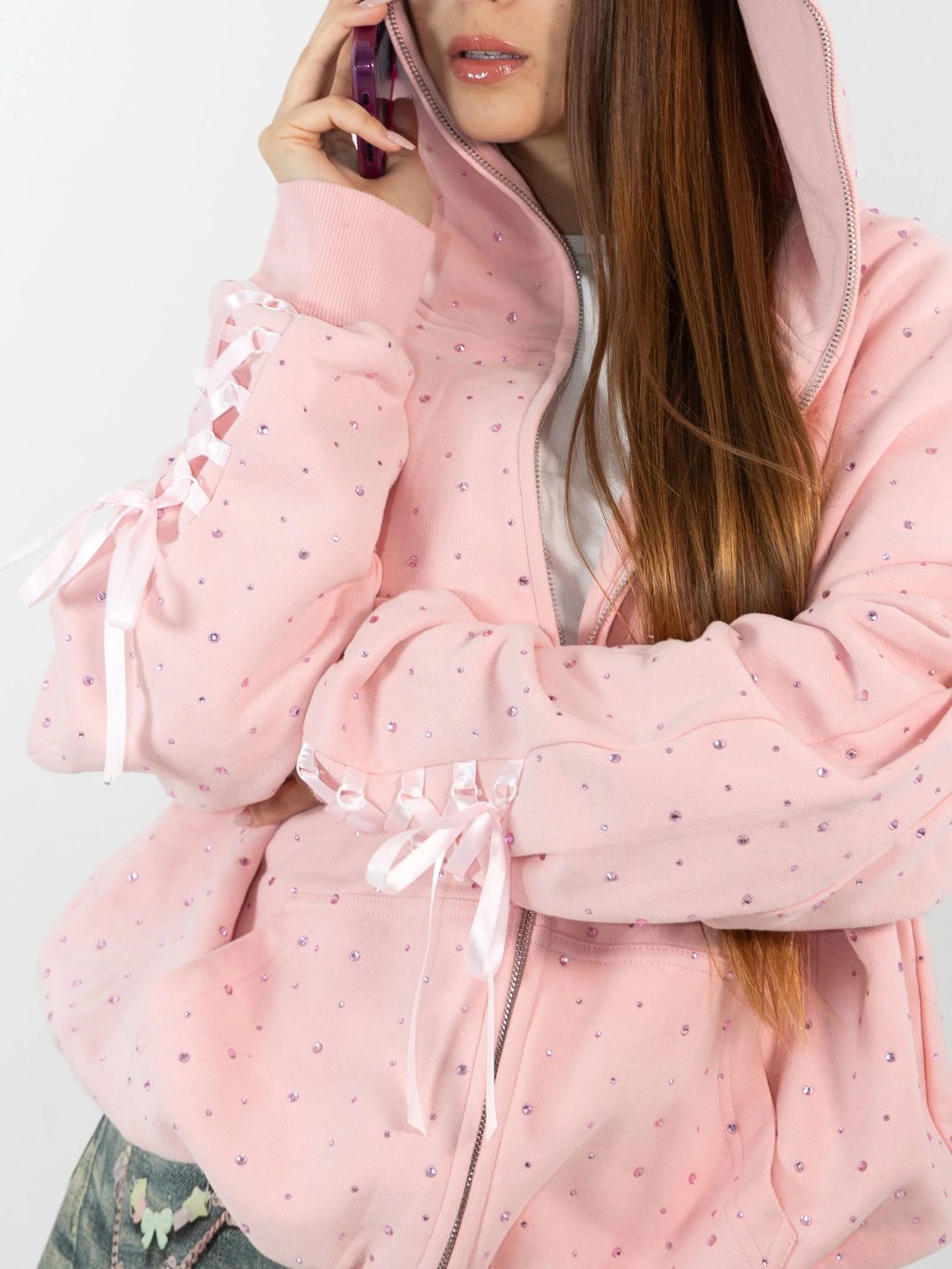 Pink Rhinestone Ribbon Hoodie